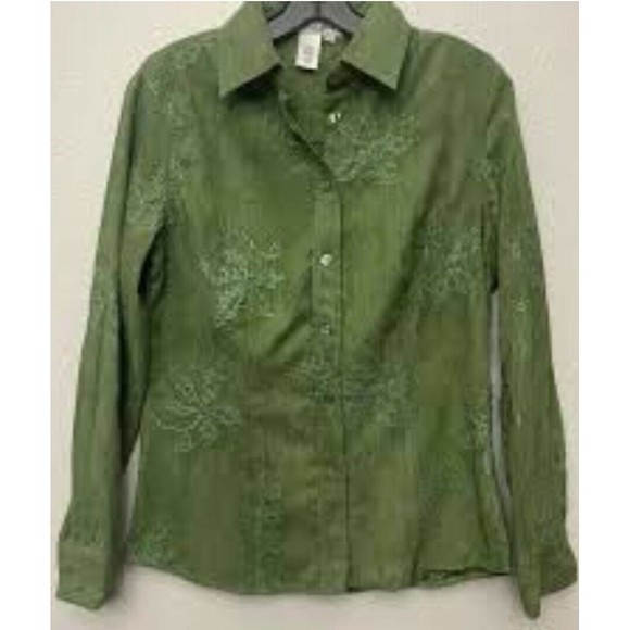 Coldwater Creek Green Faux Suede Embroidered Button Down Blouse Shacket Sz Large - Picture 7 of 7